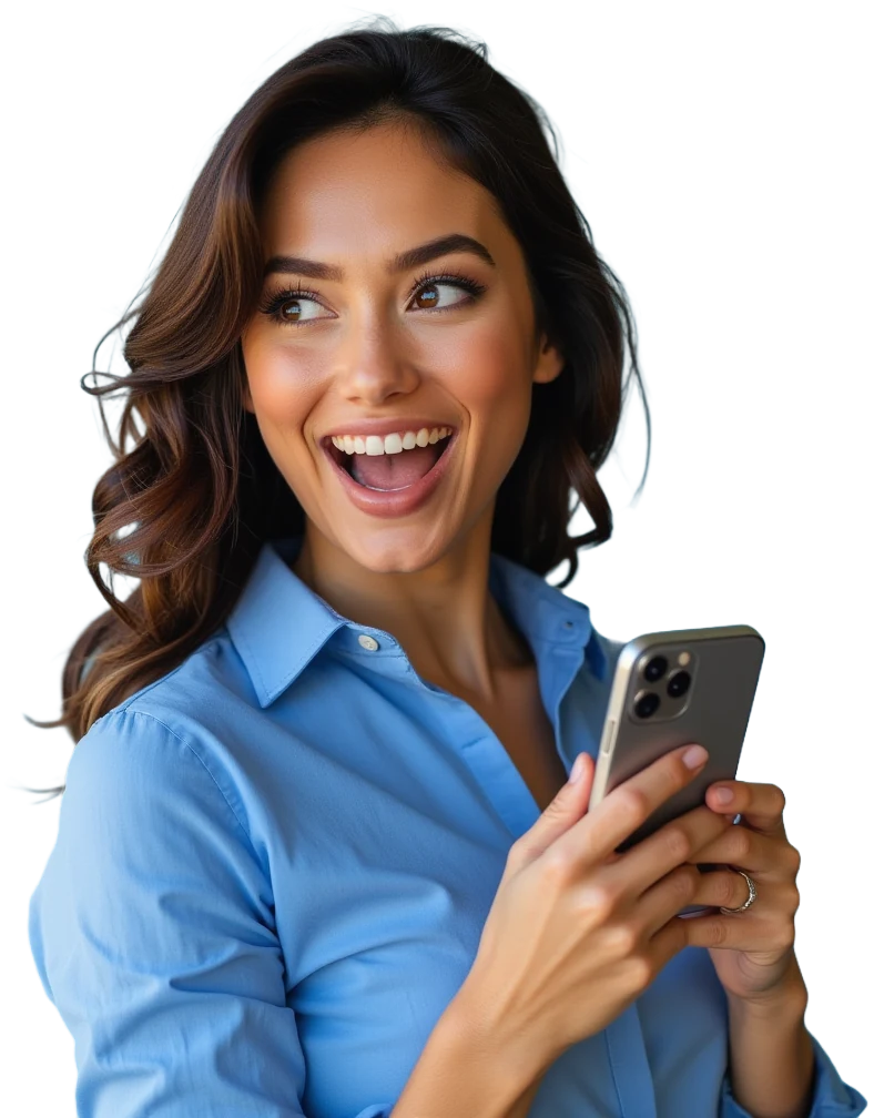 Mulher de camisa azul sorrindo enquanto olha a tela do celular