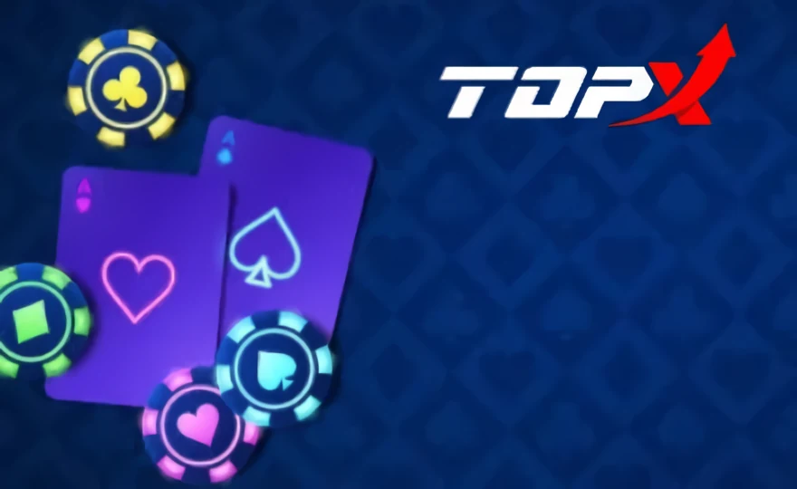 Cartas e fichas coloridas sobre fundo azul com o logotipo da TopX