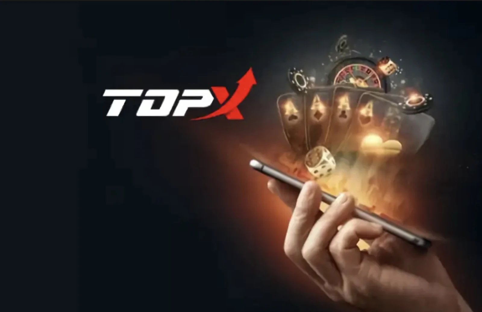 Mão segurando um celular entre cartas e fichas de cassino, com o logotipo da TopX